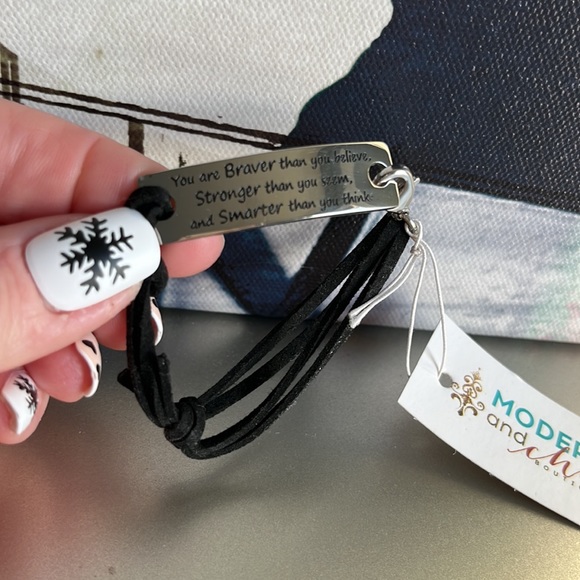 Silver Plated Engraved Bracelet with Faux Suede Strap - Picture 2 of 6